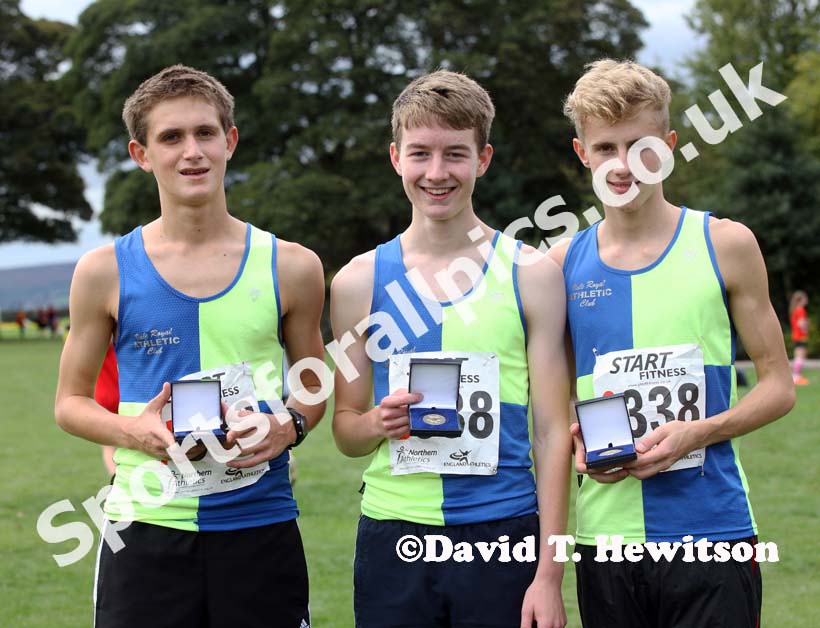 From left to right: Matthew Sheen, Samuel Whitehed and Elliott Bowker, Vale Royal winners of the under-17 mens Northern Cross Country Relays, Graves Park, Sheffield.